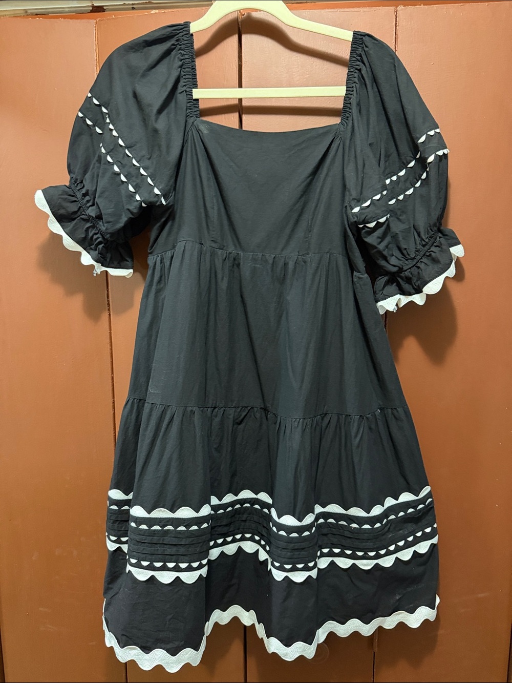 Black Puff-Sleeve Mini Dress with White Scallop Trim